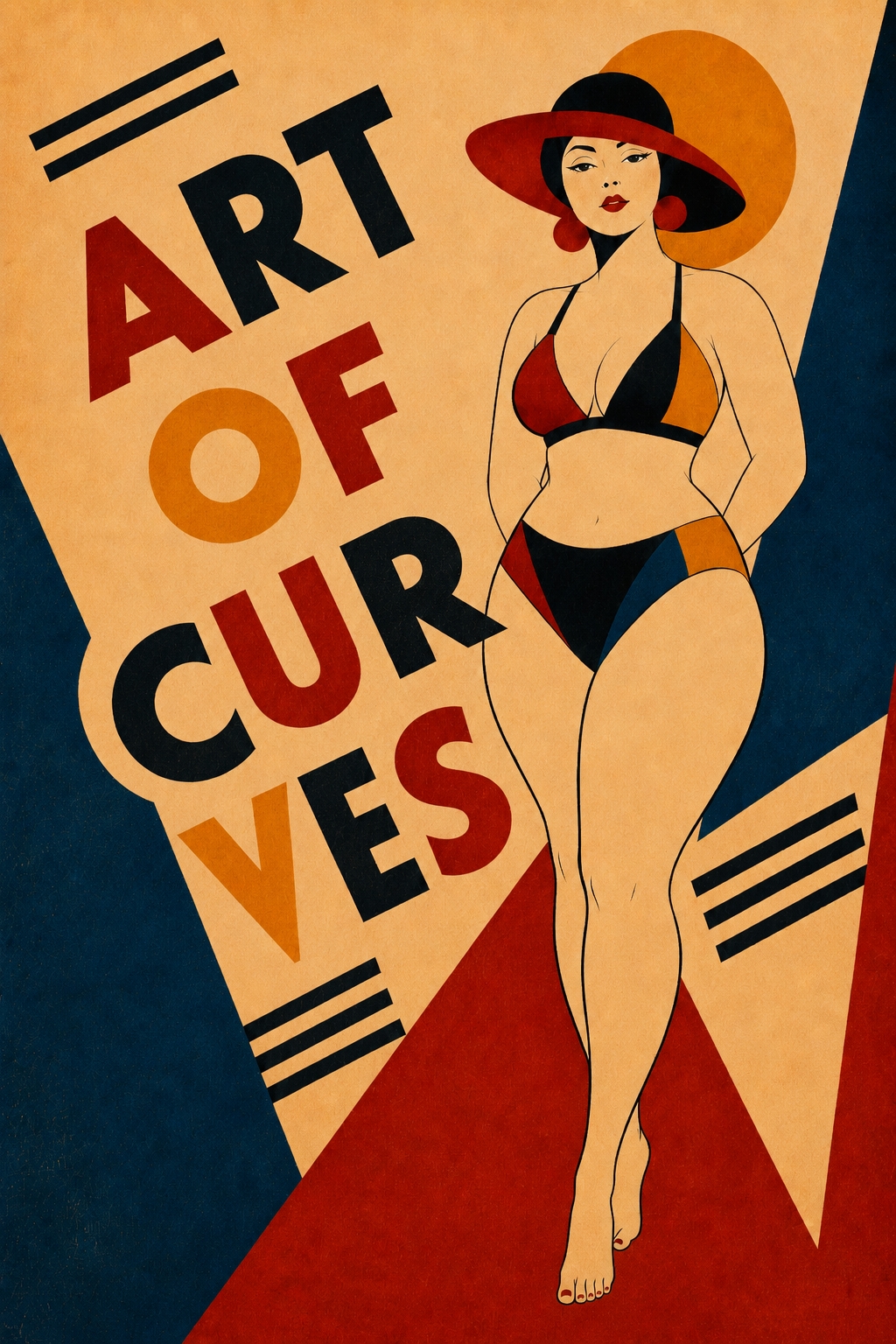 Bauhaus-inspired art deco poster of a stylized female figure with geometric curves wearing a red and orange bikini, framed by bold typography reading Art of Curves against cream, gold, navy, and red background.