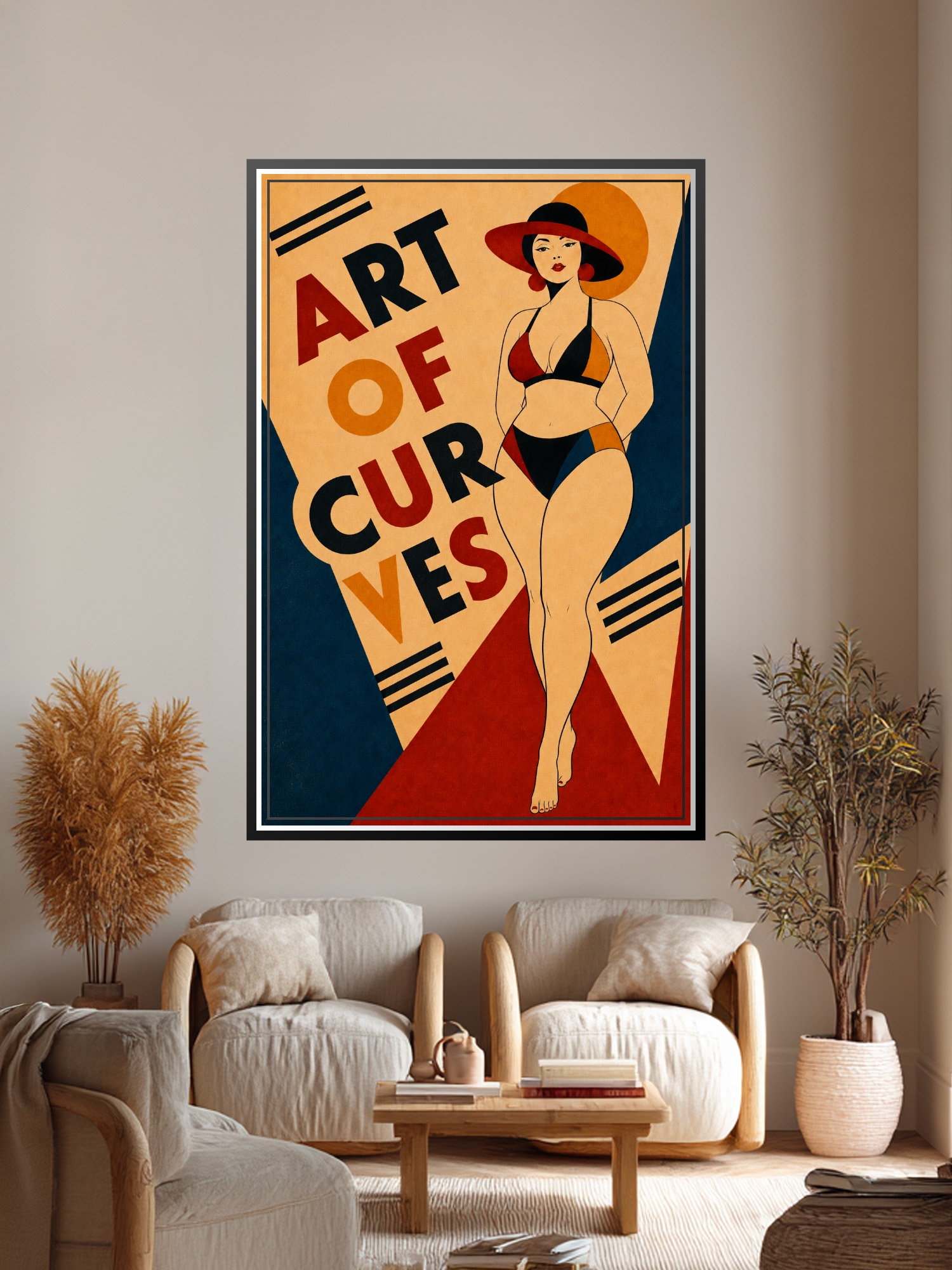Bauhaus-inspired art deco poster of a stylized female figure with geometric curves wearing a red and orange bikini, framed by bold typography reading Art of Curves against cream, gold, navy, and red background.