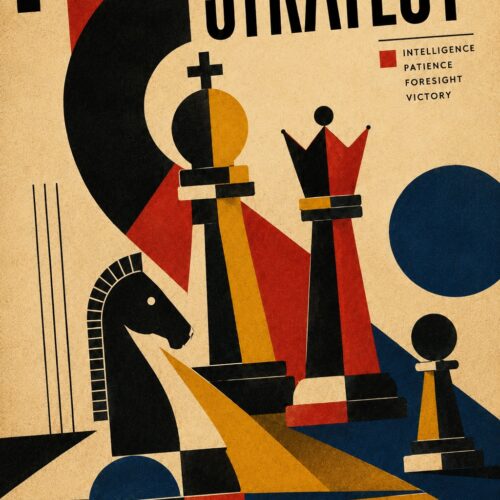 Bauhaus-inspired chess poster with abstract geometric king, queen, knight, and pawn on cream background, featuring bold red, black, mustard yellow, and deep blue shapes with strong shadows and clean typography reading Strategy.