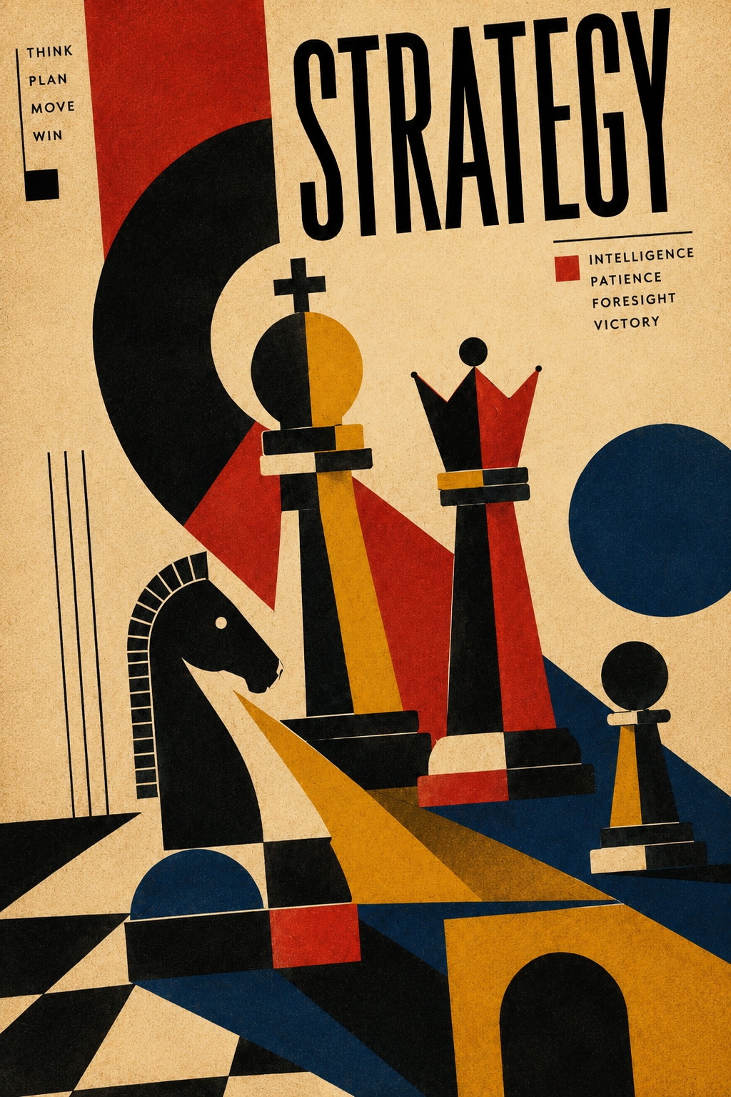 Bauhaus-inspired chess poster with abstract geometric king, queen, knight, and pawn on cream background, featuring bold red, black, mustard yellow, and deep blue shapes with strong shadows and clean typography reading Strategy.
