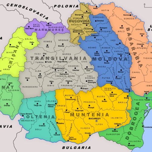 Political map of Romania with color-coded counties, major cities labeled, and neighboring countries shown in distinct regional colors.