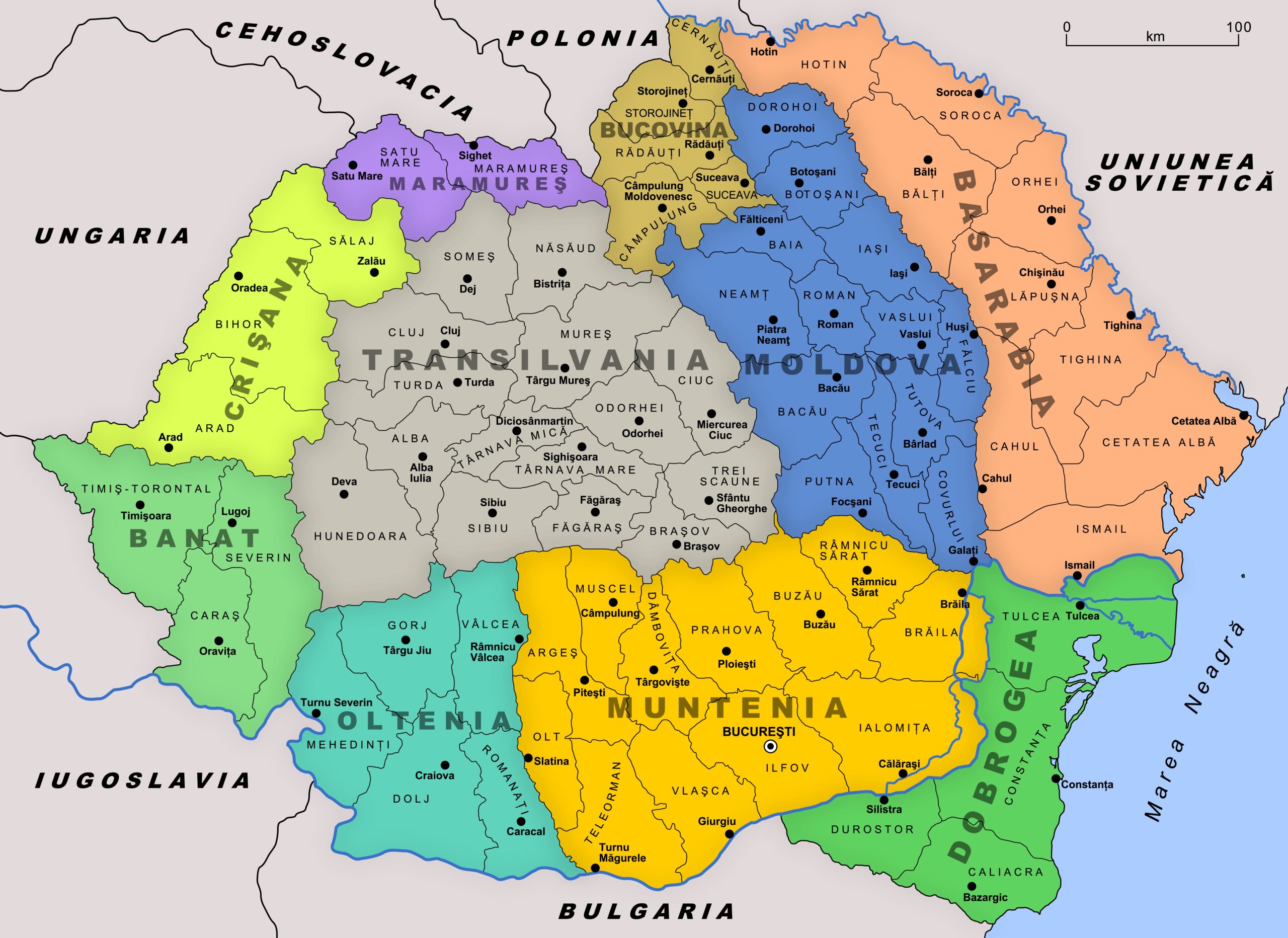 Political map of Romania with color-coded counties, major cities labeled, and neighboring countries shown in distinct regional colors.