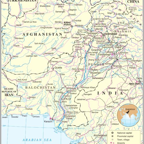 Political map of Pakistan showing provinces, major cities, international borders, and geographic features with cream background and detailed labeling.