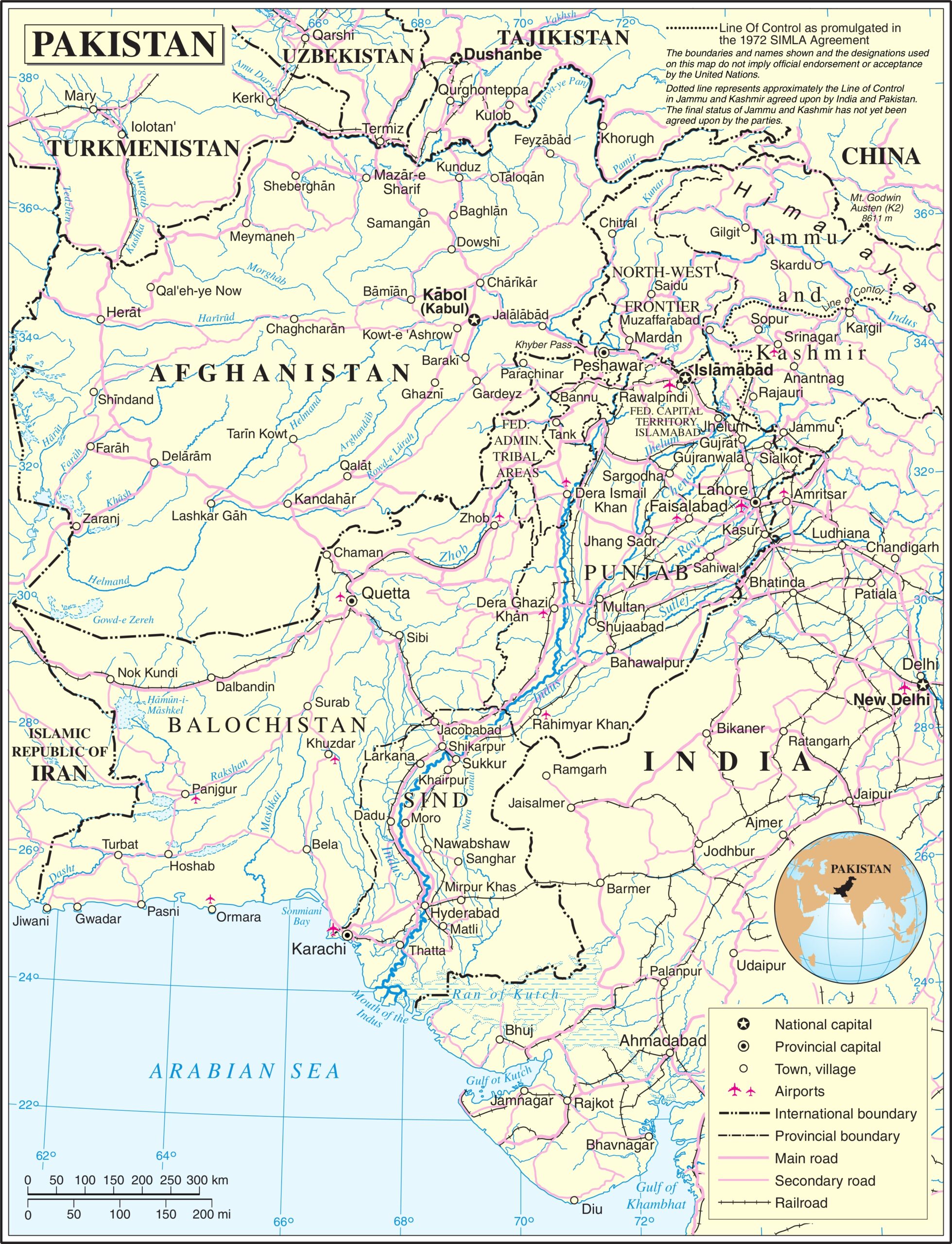 Political map of Pakistan showing provinces, major cities, international borders, and geographic features with cream background and detailed labeling.