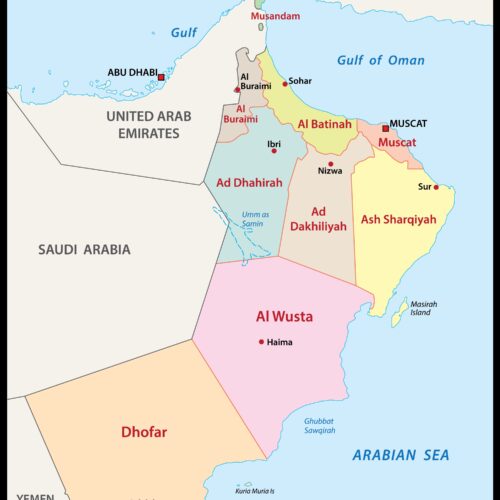 Political map of Oman showing 11 governorates with color-coded regions, labeled cities including Muscat and Dhofar, and surrounding countries and water bodies.