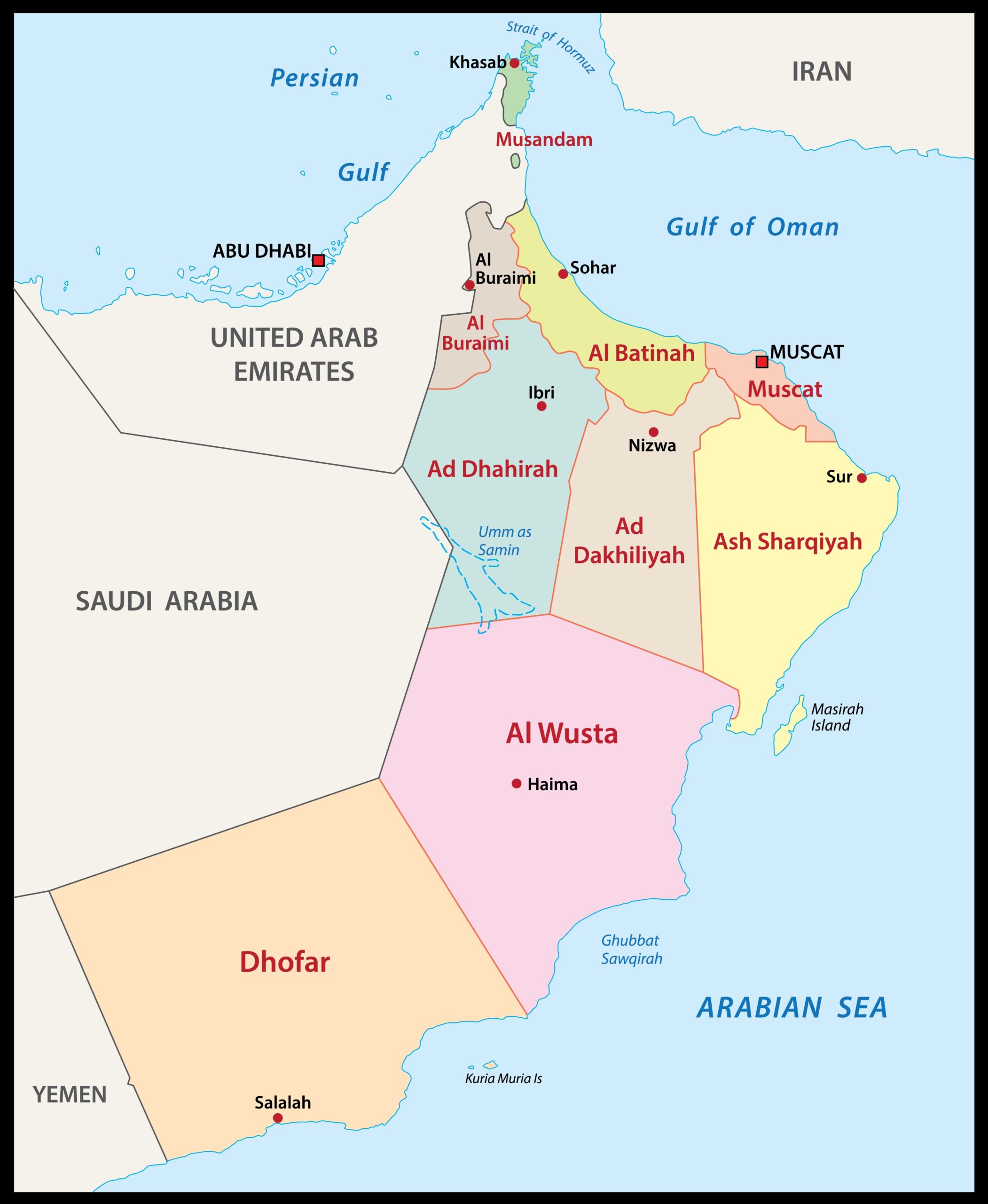 Political map of Oman showing 11 governorates with color-coded regions, labeled cities including Muscat and Dhofar, and surrounding countries and water bodies.