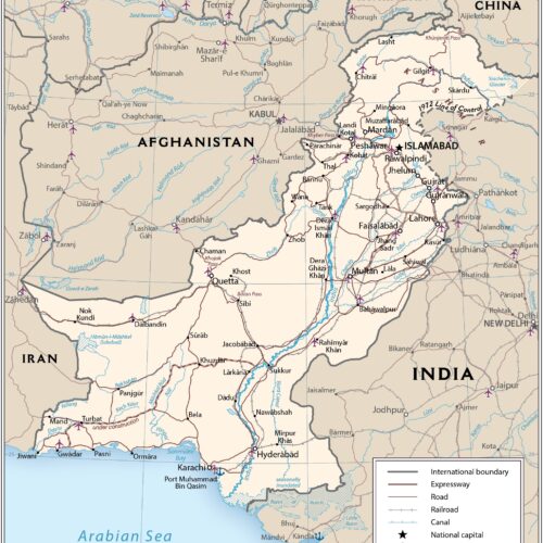 Political map of Pakistan showing international boundaries, major cities, highways, railways, and airports with clear geographic detail and legend.