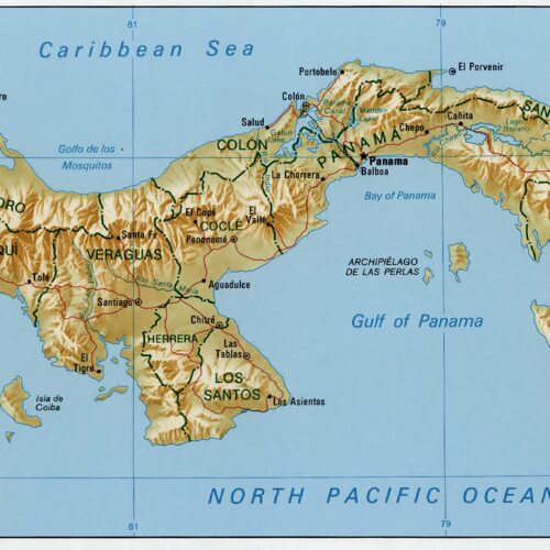 Detailed political map of Panama showing provinces, major cities, Caribbean Sea, and North Pacific Ocean with geographic boundaries and scale.