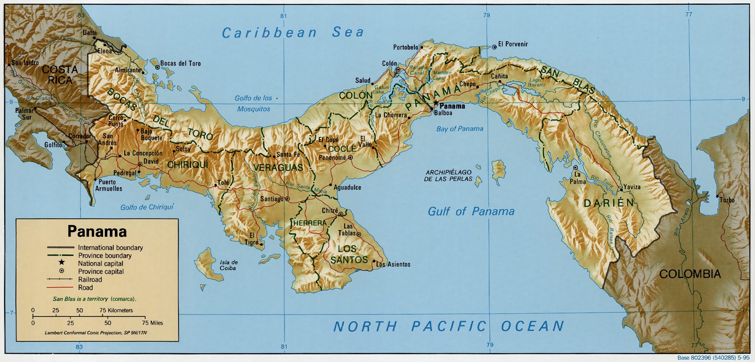 Detailed political map of Panama showing provinces, major cities, Caribbean Sea, and North Pacific Ocean with geographic boundaries and scale.