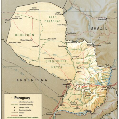Political map of Paraguay showing international boundaries, department divisions, major cities, rivers, and geographic features with warm earth tone coloring and detailed cartographic detail.