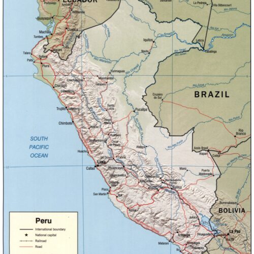 Political map of Peru showing international borders with Ecuador, Colombia, Brazil, Bolivia, and Chile, major cities, rivers, mountains, and the South Pacific Ocean coastline.