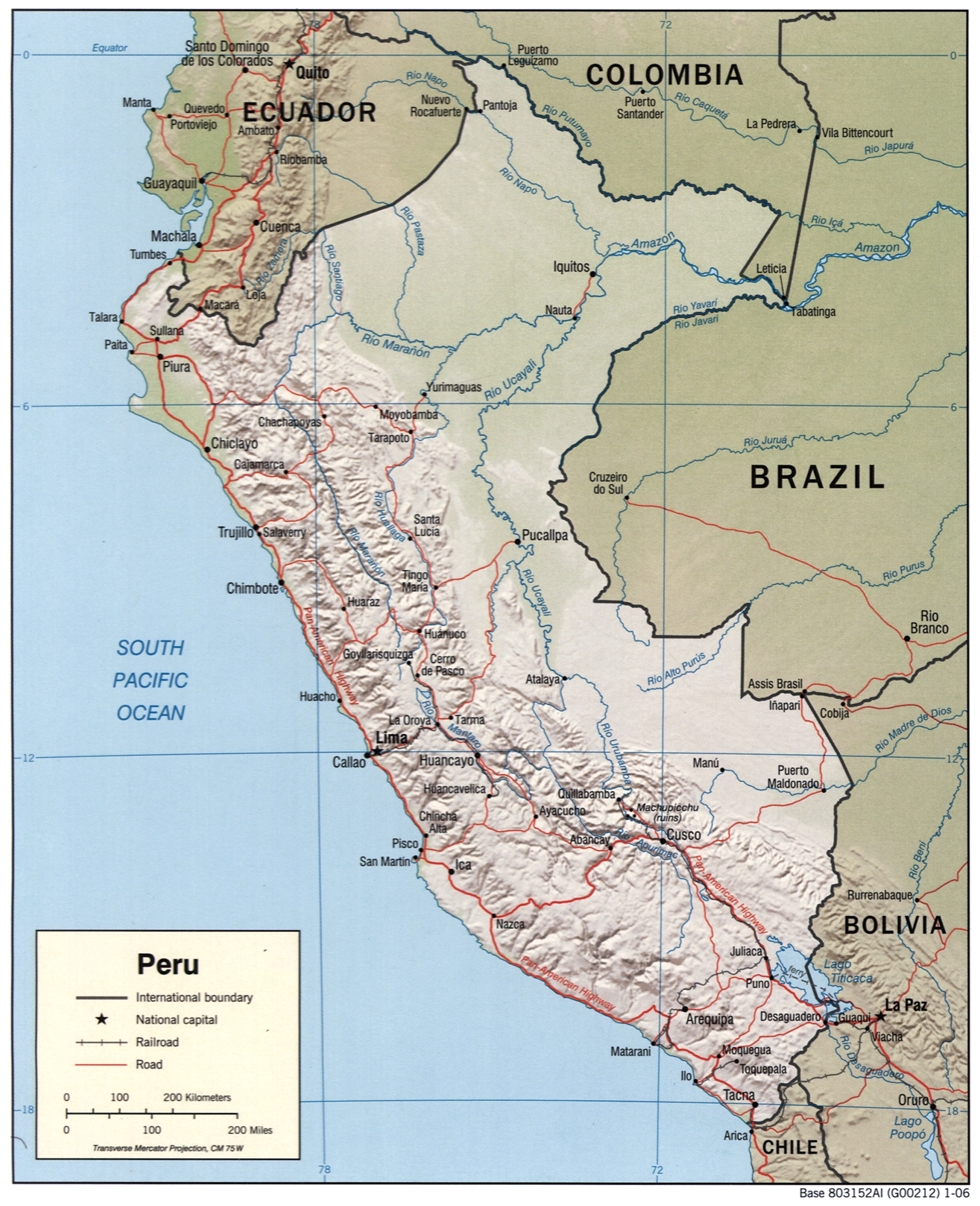 Political map of Peru showing international borders with Ecuador, Colombia, Brazil, Bolivia, and Chile, major cities, rivers, mountains, and the South Pacific Ocean coastline.