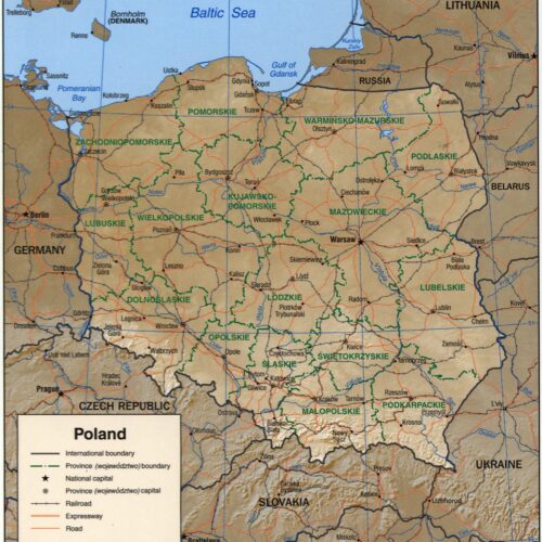 Detailed political map of Poland showing 16 provinces, international borders, major cities, rail lines, and expressways in tan and blue colors.