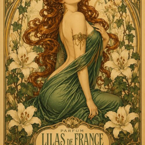 Art Nouveau poster of a woman with long auburn hair in emerald drape surrounded by cream lilies, ivy, and ornate gold borders—vintage perfume advertisement wall art.
