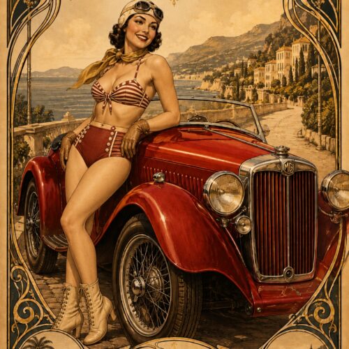 Vintage art deco poster of a glamorous woman with a red sports car overlooking the Mediterranean coastline with ornate gold and black decorative border.