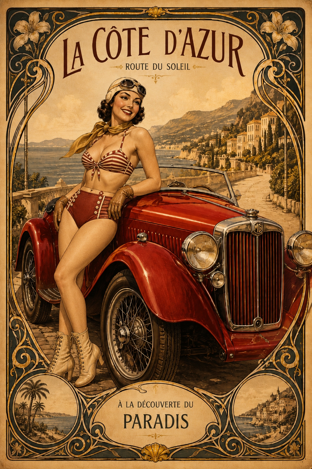 Vintage art deco poster of a glamorous woman with a red sports car overlooking the Mediterranean coastline with ornate gold and black decorative border.