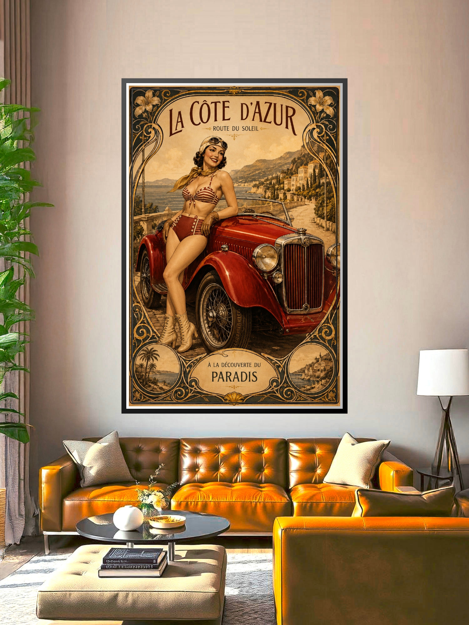 Vintage art deco poster of a glamorous woman with a red sports car overlooking the Mediterranean coastline with ornate gold and black decorative border.