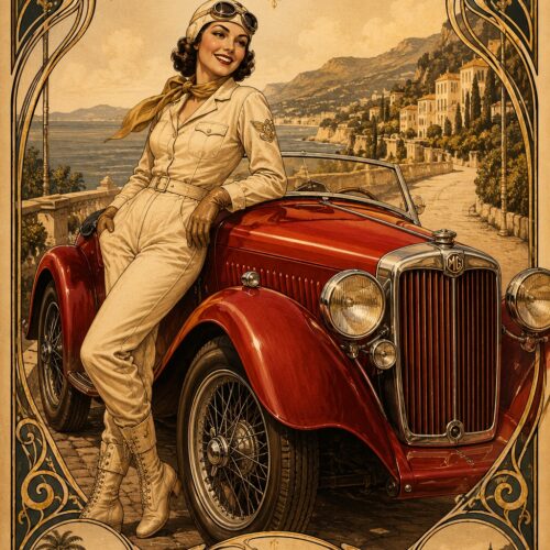 Vintage art deco Côte d'Azur travel poster featuring a glamorous woman in cream aviator suit beside a red MG sports car with Mediterranean coastline and ornate decorative border.