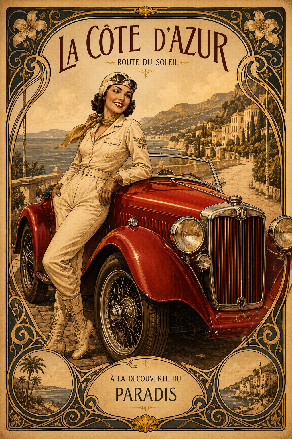 Vintage art deco Côte d'Azur travel poster featuring a glamorous woman in cream aviator suit beside a red MG sports car with Mediterranean coastline and ornate decorative border.