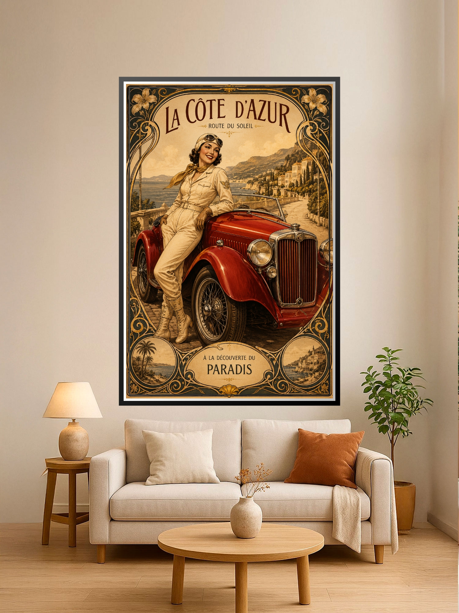 Vintage art deco Côte d'Azur travel poster featuring a glamorous woman in cream aviator suit beside a red MG sports car with Mediterranean coastline and ornate decorative border.