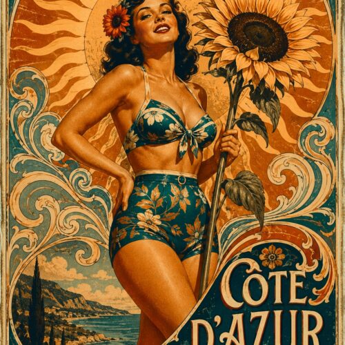 Vintage Art Deco Côte d'Azur poster featuring a glamorous woman with sunflower and golden sun, ornate teal borders and coastal landscape.
