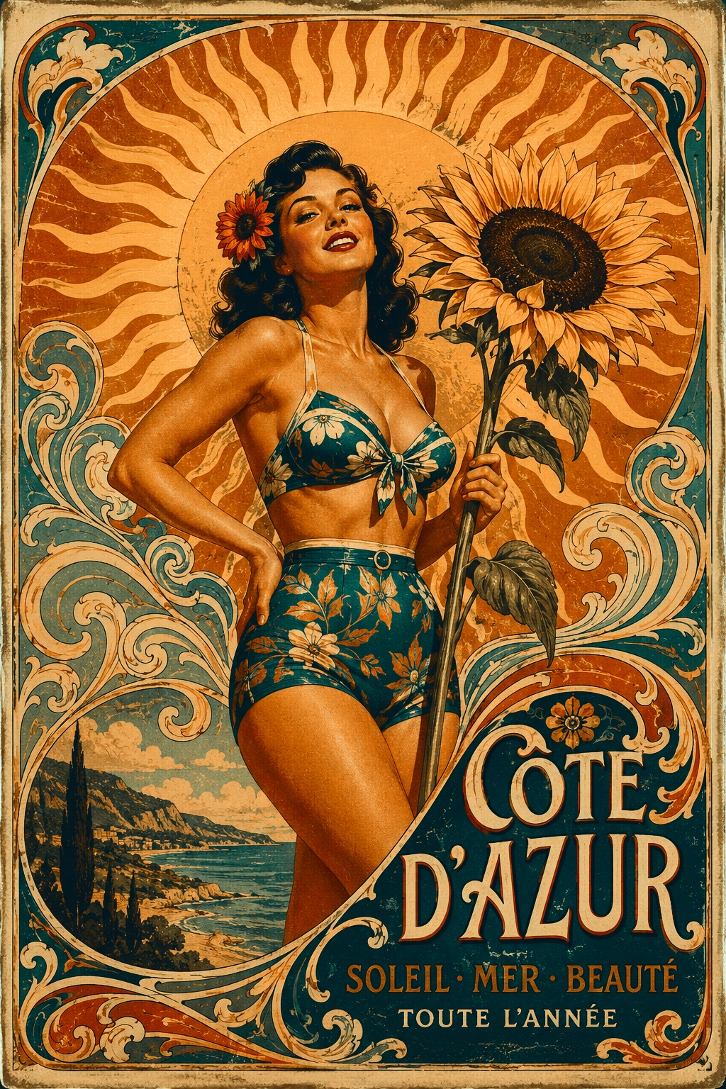 Vintage Art Deco Côte d'Azur poster featuring a glamorous woman with sunflower and golden sun, ornate teal borders and coastal landscape.