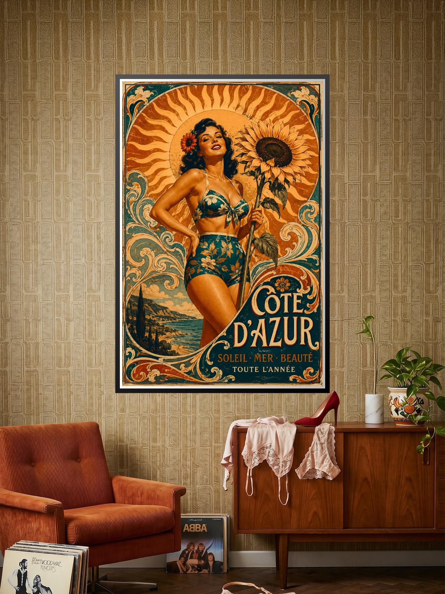 Vintage Art Deco Côte d'Azur poster featuring a glamorous woman with sunflower and golden sun, ornate teal borders and coastal landscape.