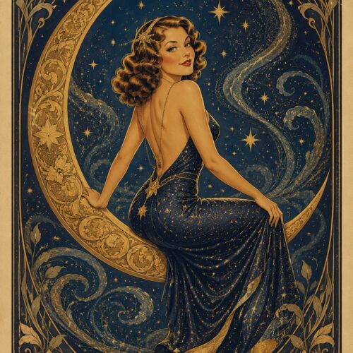 Art deco woman in elegant backless gown reclining on a golden crescent moon surrounded by stars and ornate floral borders in navy and gold.