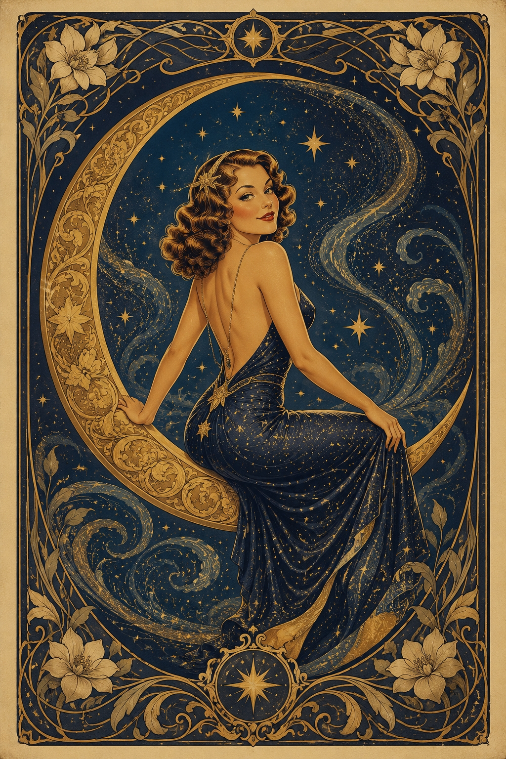 Art deco woman in elegant backless gown reclining on a golden crescent moon surrounded by stars and ornate floral borders in navy and gold.