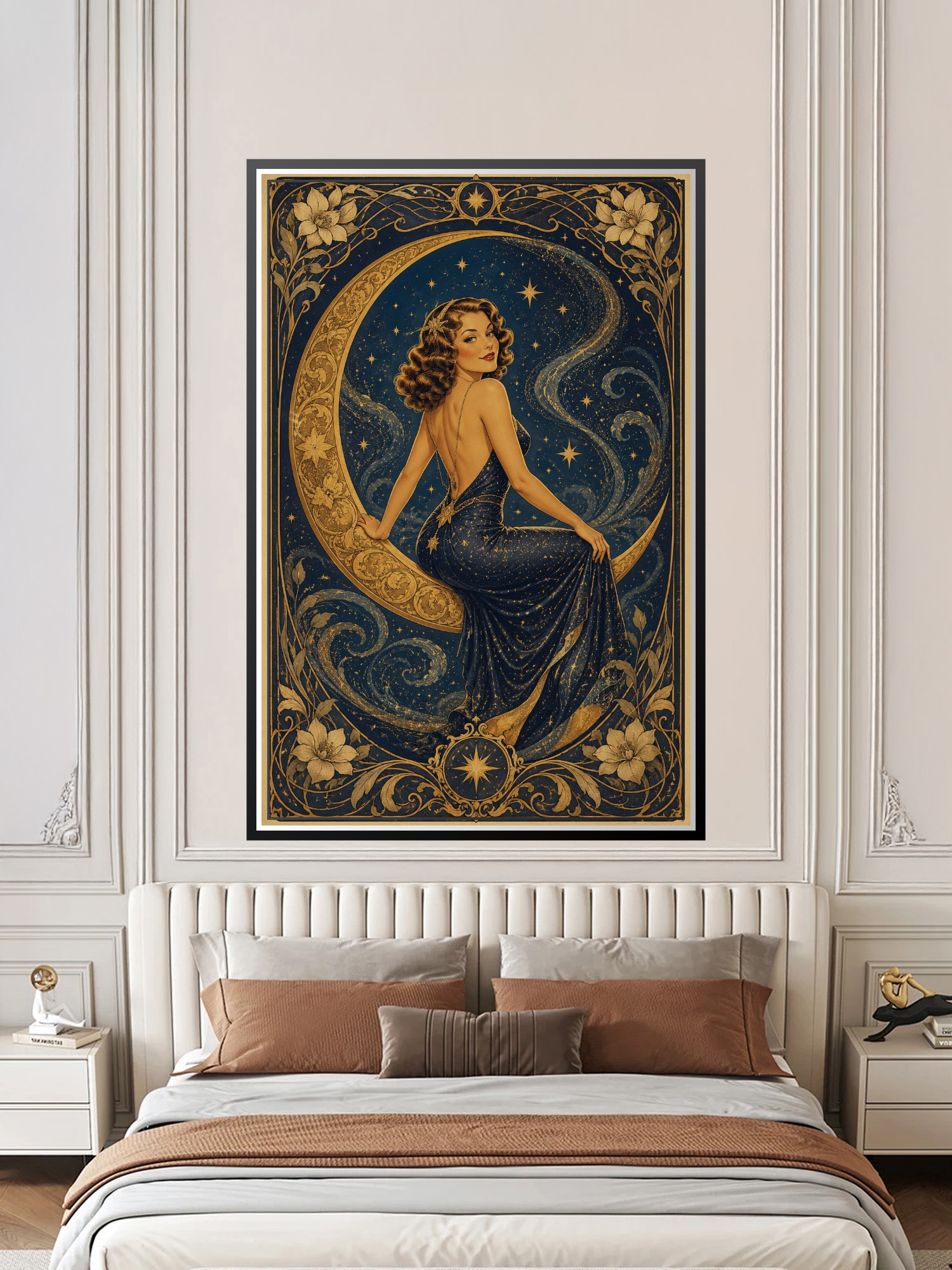 Art deco woman in elegant backless gown reclining on a golden crescent moon surrounded by stars and ornate floral borders in navy and gold.