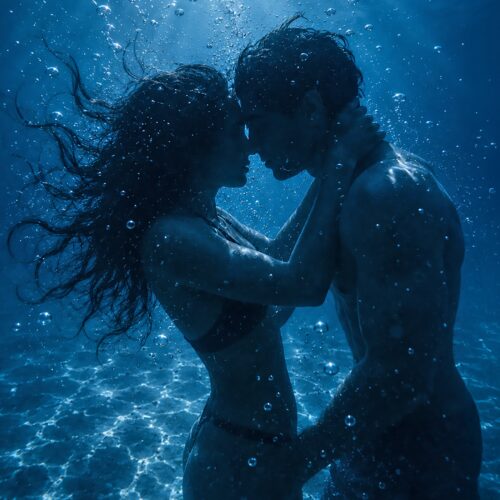 Two silhouetted figures embracing underwater surrounded by shimmering sunlight rays and bubbles against deep blue ocean background.