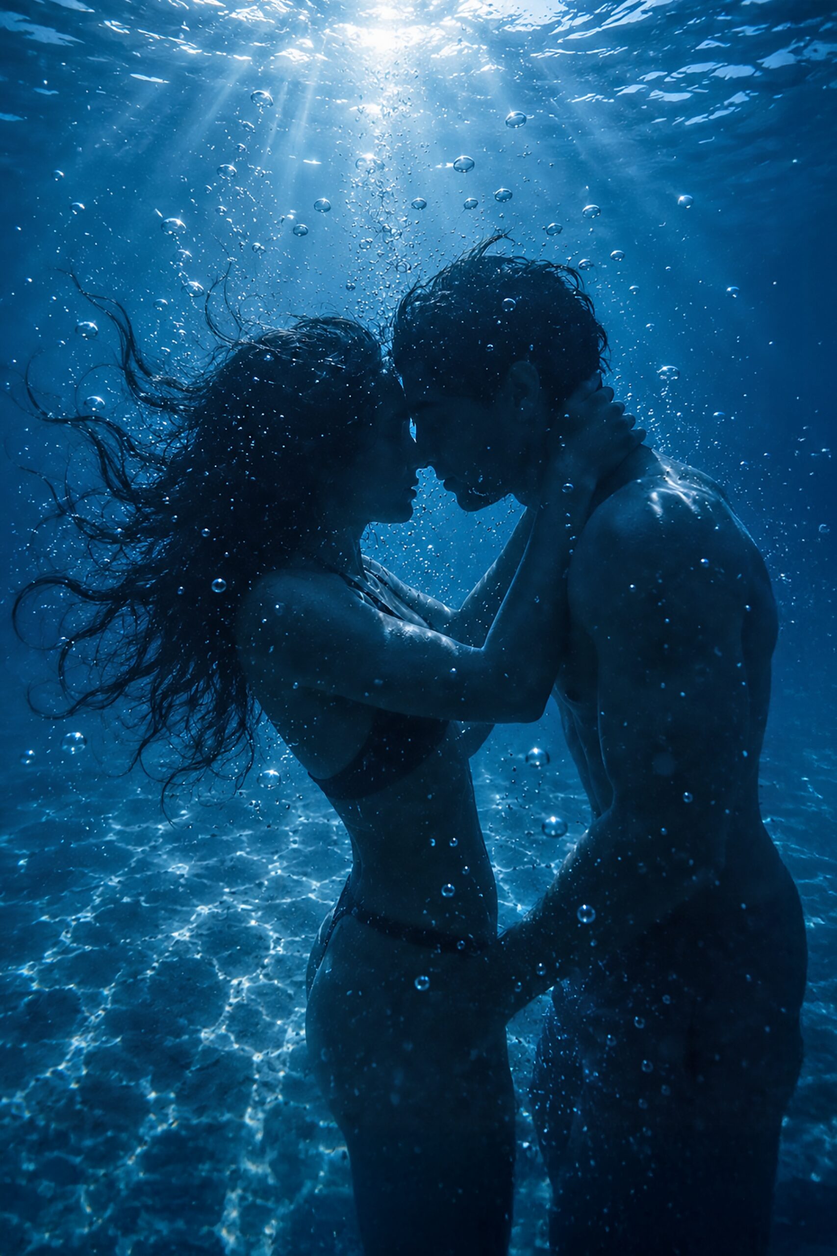 Two silhouetted figures embracing underwater surrounded by shimmering sunlight rays and bubbles against deep blue ocean background.