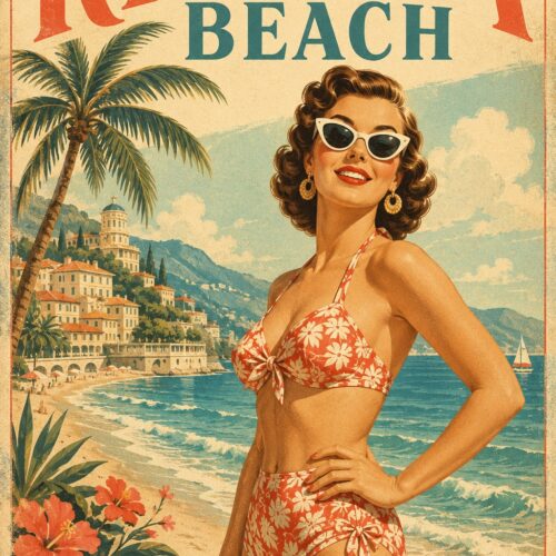 Vintage Riviera Beach retro travel poster featuring a 1950s woman in beachwear with palm trees, coastal villas, and turquoise waters.