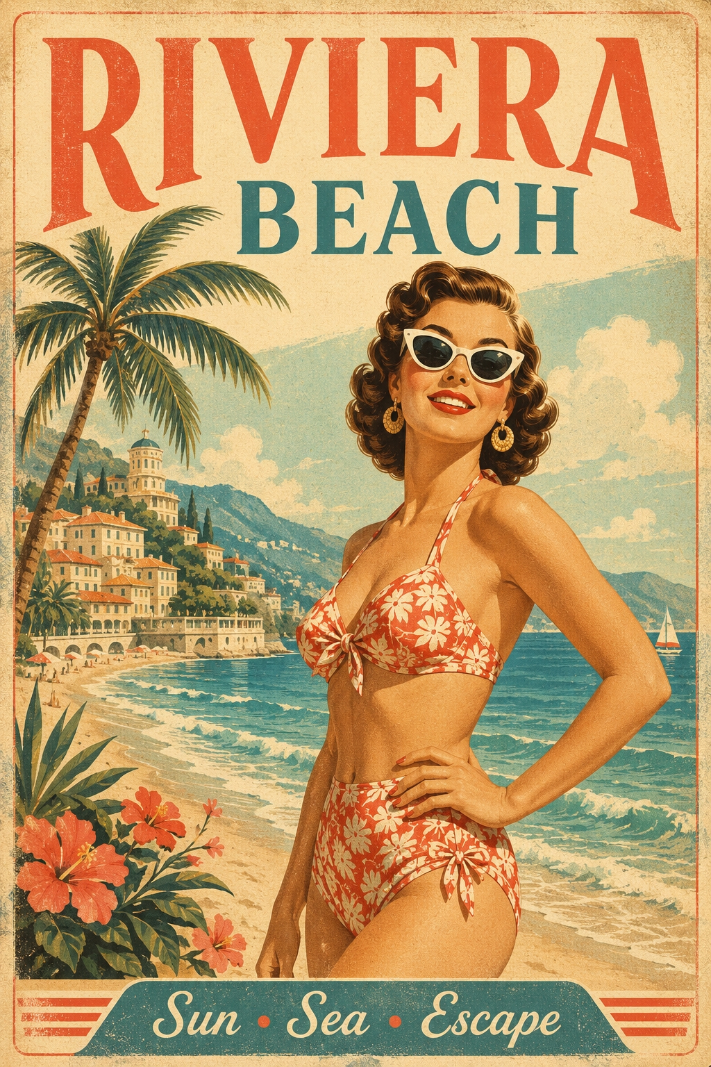 Vintage Riviera Beach retro travel poster featuring a 1950s woman in beachwear with palm trees, coastal villas, and turquoise waters.