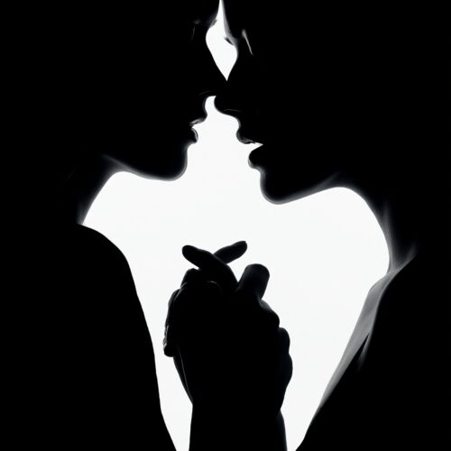 Black and white lineart silhouette of Evil Queen with dramatic profile and elegant posture against stark background.