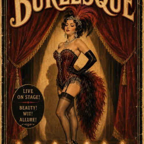 Vintage art deco burlesque poster featuring an elegant cabaret performer in a jeweled corset with red feathered boa, framed by crimson velvet curtains and gold ornamental borders with footlights.