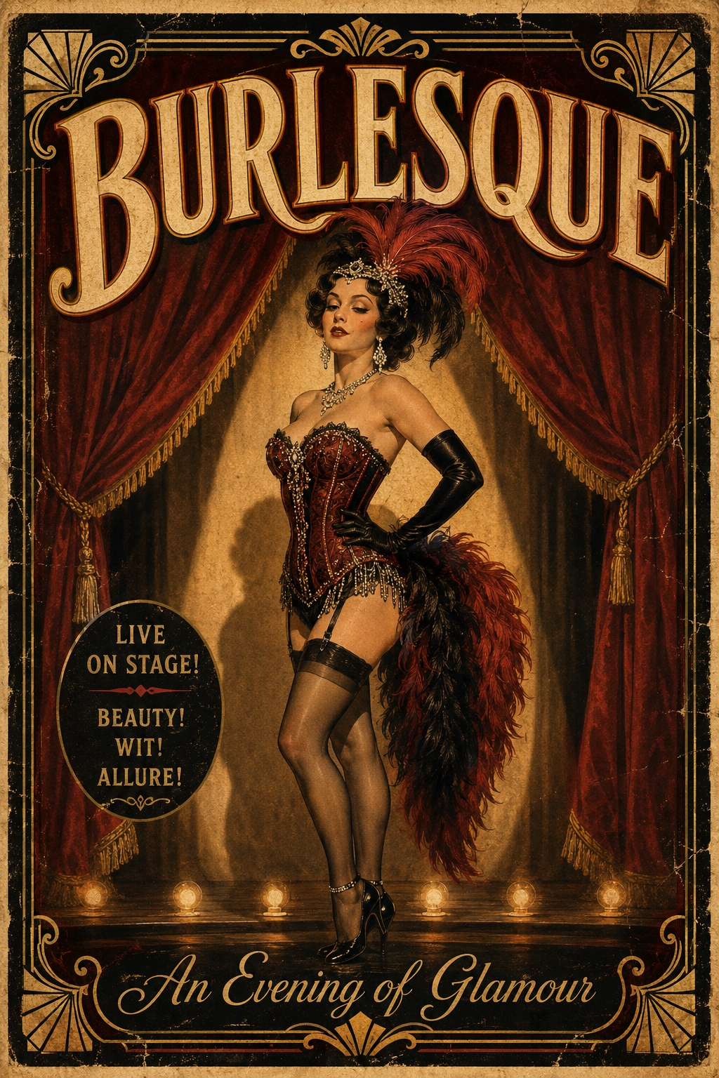 Vintage art deco burlesque poster featuring an elegant cabaret performer in a jeweled corset with red feathered boa, framed by crimson velvet curtains and gold ornamental borders with footlights.