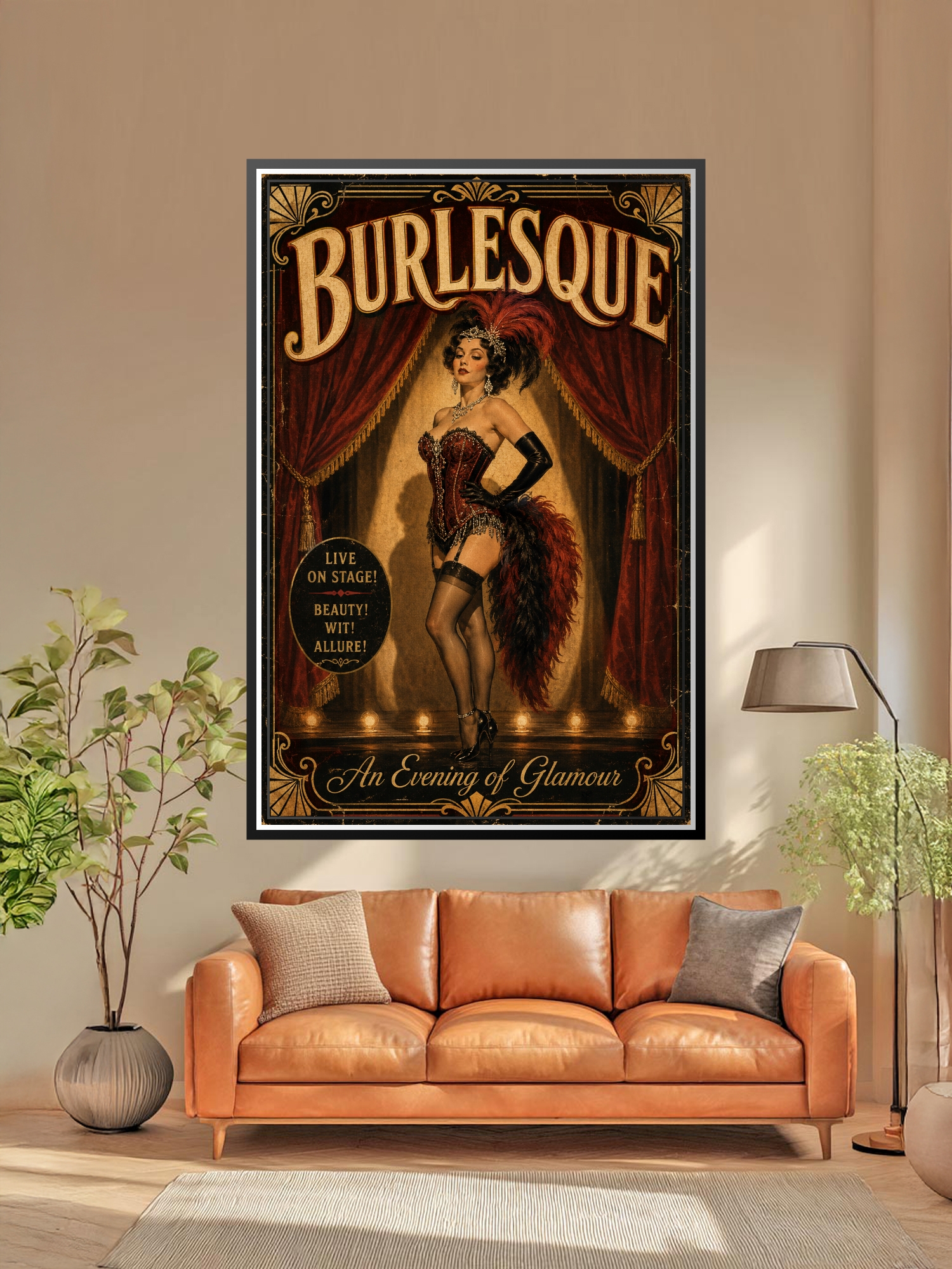 Vintage art deco burlesque poster featuring an elegant cabaret performer in a jeweled corset with red feathered boa, framed by crimson velvet curtains and gold ornamental borders with footlights.