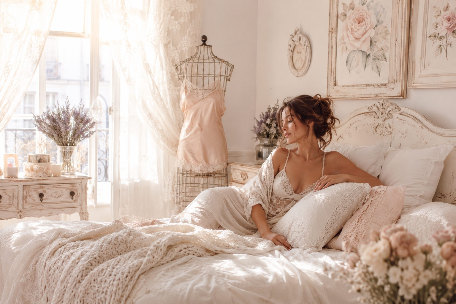 Romantic vintage bedroom scene with soft cream and blush tones, ornate furniture, delicate florals, and natural window light creating feminine elegance.