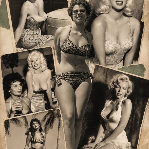 Vintage Hollywood glamour collage poster featuring 1950s silver-screen starlets and bombshells arranged in a sepia-toned scrapbook style with faux-torn photo borders.