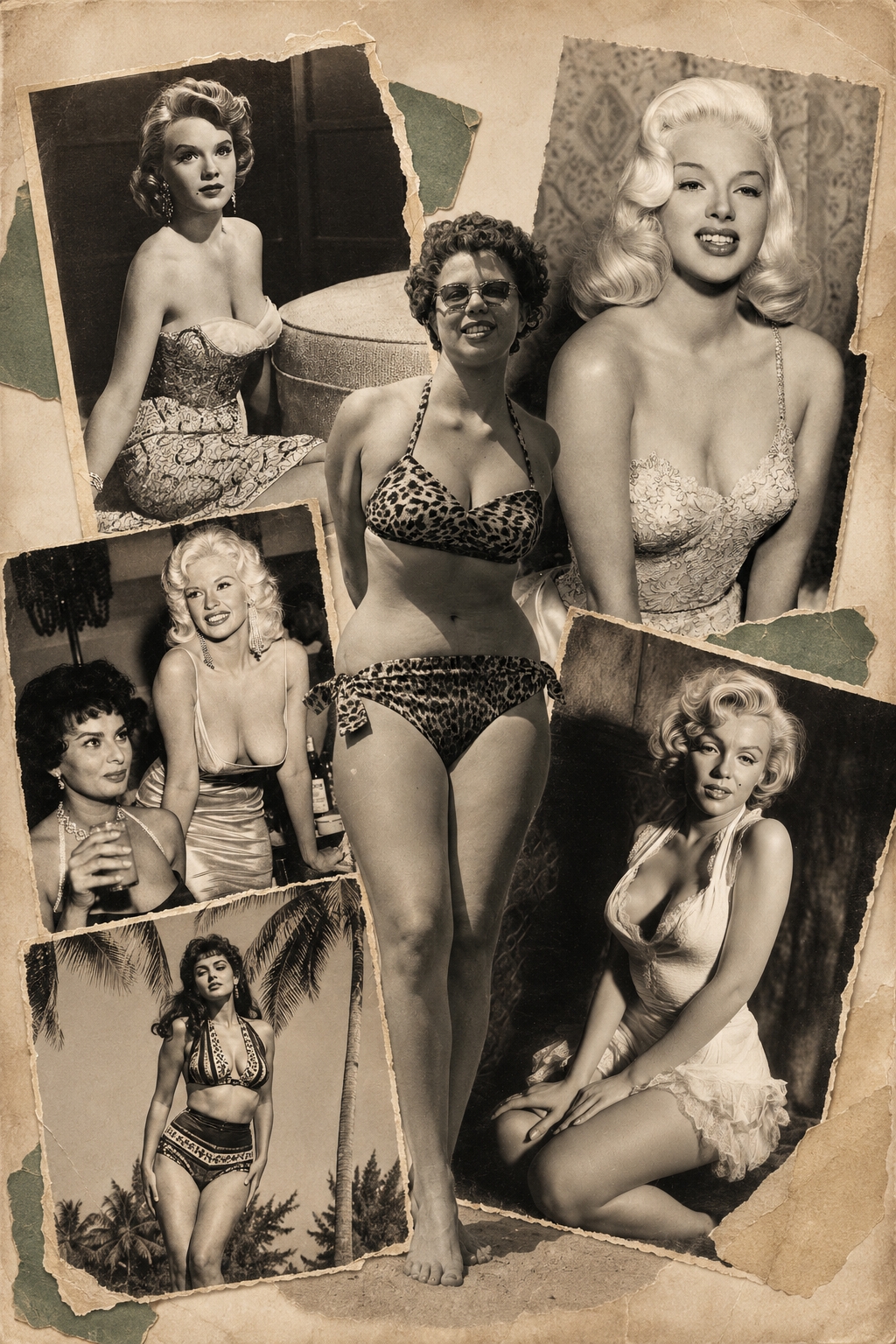 Vintage Hollywood glamour collage poster featuring 1950s silver-screen starlets and bombshells arranged in a sepia-toned scrapbook style with faux-torn photo borders.