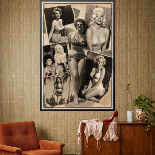 Vintage Hollywood glamour collage poster featuring 1950s silver-screen starlets and bombshells arranged in a sepia-toned scrapbook style with faux-torn photo borders.