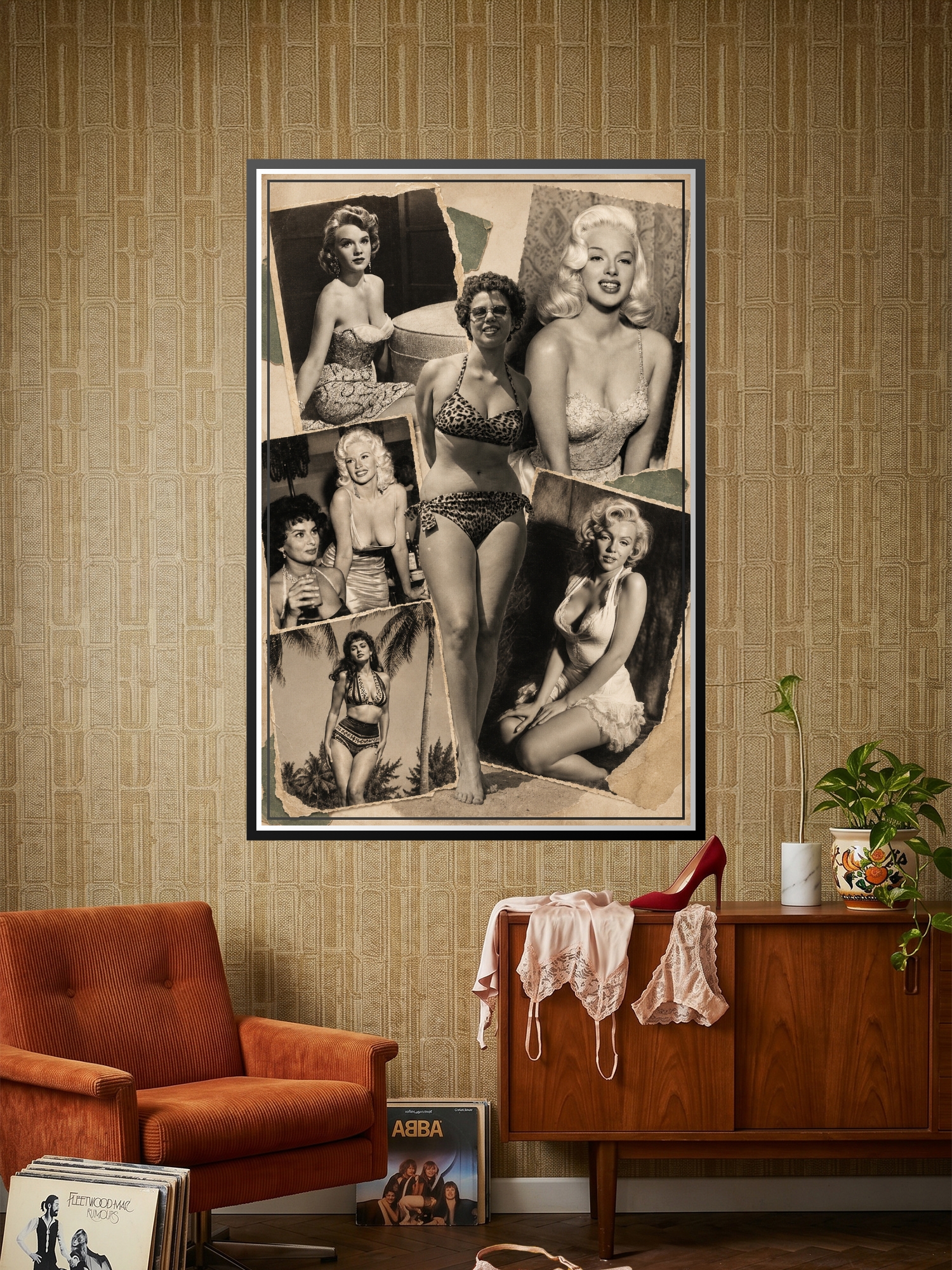 Vintage Hollywood glamour collage poster featuring 1950s silver-screen starlets and bombshells arranged in a sepia-toned scrapbook style with faux-torn photo borders.