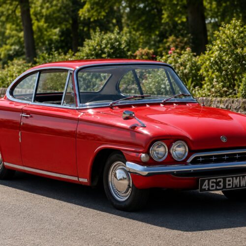 Photographic wall art print of a pristine 1963 Ford Consul Capri GT in bright red with chrome trim, parked in a garden setting with lush green foliage.