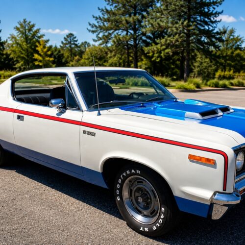 Photographic print of a 1970 AMC Rebel The Machine muscle car in Frost White with red, white, and blue stripes and Electric Blue hood parked on asphalt with forest background.