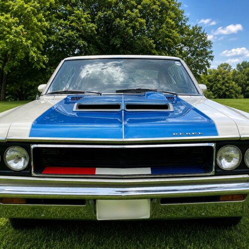 Retro photograph of a 1970 AMC Rebel Machine muscle car with pearl white body, electric blue hood, and iconic dual hood scoops displayed on green grass.