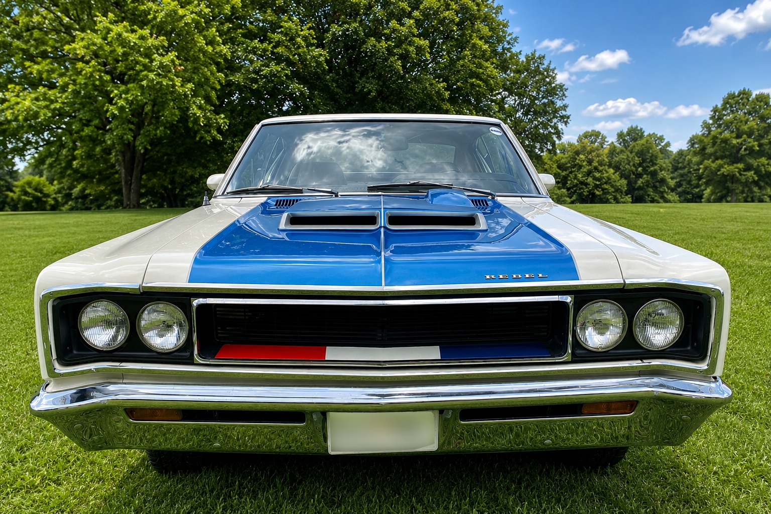 Retro photograph of a 1970 AMC Rebel Machine muscle car with pearl white body, electric blue hood, and iconic dual hood scoops displayed on green grass.