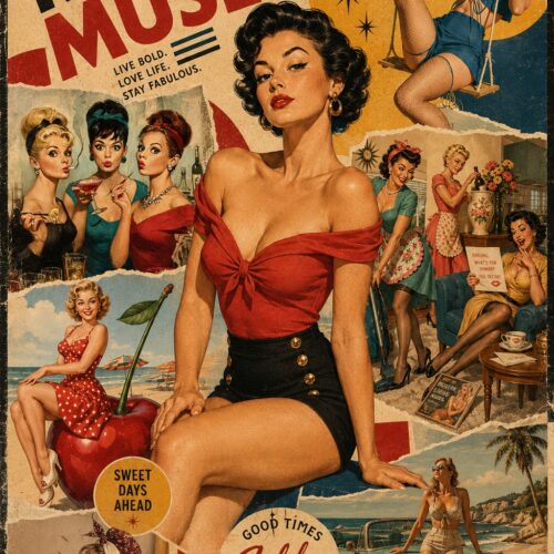 Vibrant 1950s retro collage poster featuring classic pin-up women, vintage cars, bold red and teal typography reading Retro Muses with golden age Hollywood imagery.