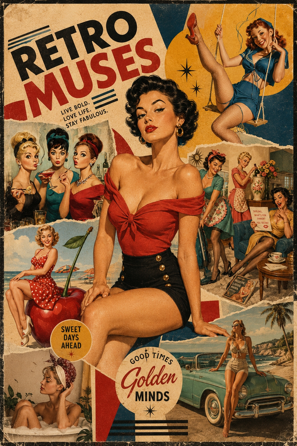 Vibrant 1950s retro collage poster featuring classic pin-up women, vintage cars, bold red and teal typography reading Retro Muses with golden age Hollywood imagery.