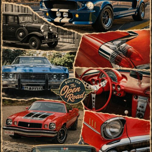 Vintage retro collage poster featuring iconic American muscle cars including blue Shelby Mustang, red Chevrolet, and classic automobiles with warm faded tones and retro tin sign aesthetic.